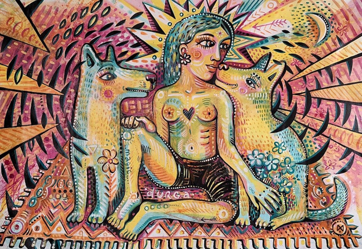 Impressionistic Animal Acrylic Painting By Daria Kusto, 83 X 59, Sun Dogs, Original Artwork