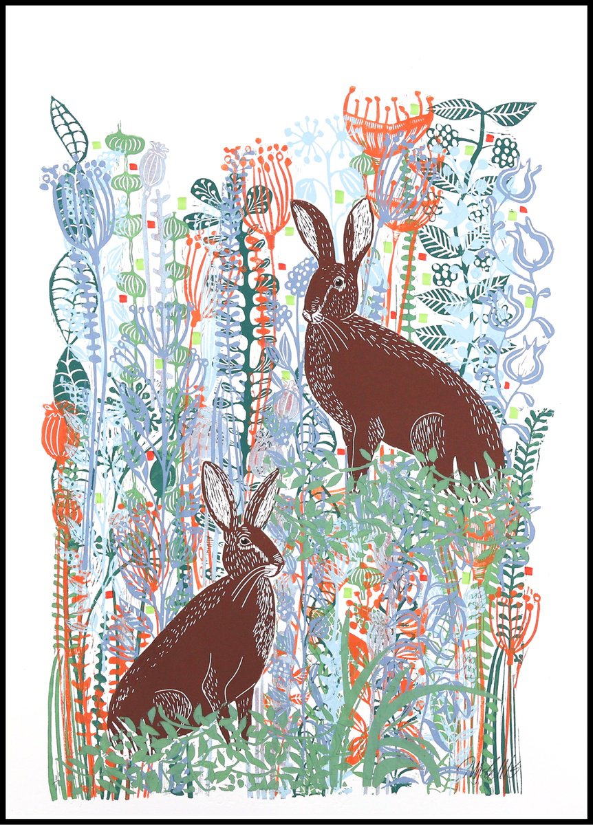 Linocut , Hares In Springtime By Mariann Johansen-Ellis, 20 X 27, Artwork For Sale On Artfinder