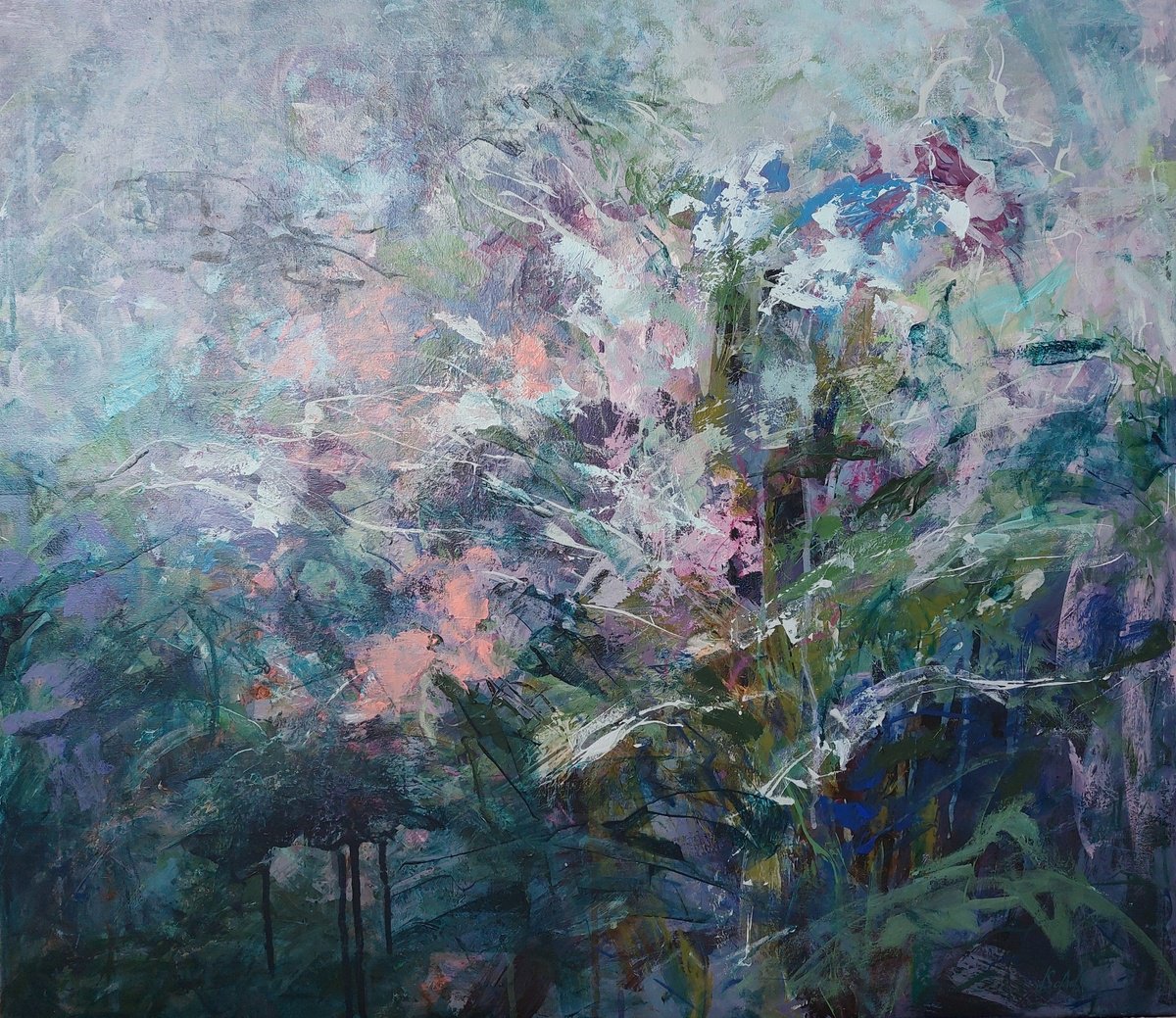 Abstract Botanical Acrylic Painting By Katia Solodka, 31 X 28", Purple Melody, Original Artwork