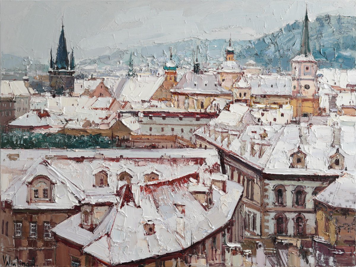 Impressionistic Landscape Oil Painting By Anastasiia Valiulina, 31 X 24, Winter Rooftops Of Prague, Original Artwork