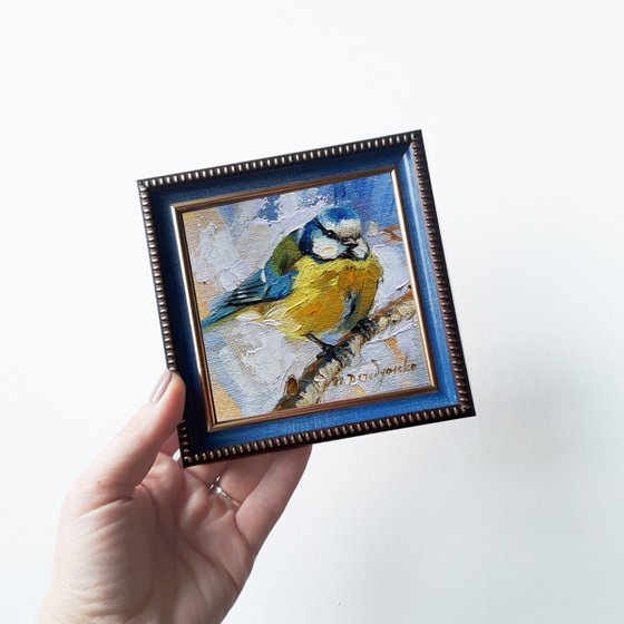 Original bird oil painting framed 4x4, Painting blue yellow bird on branch, Small painting framed of blue tit bird for bird lovers