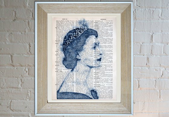 Queen Elizabeth II - Collage Art on Large Real English Dictionary Vintage Book Page