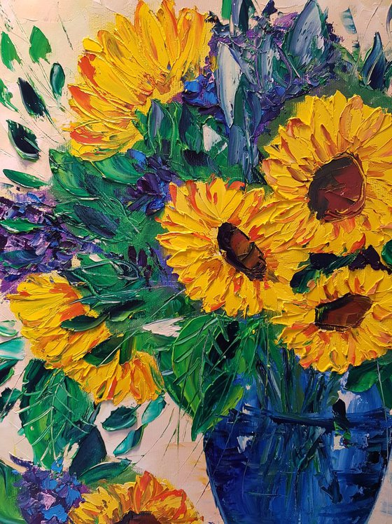 Sunflowers and blue vase 30*40