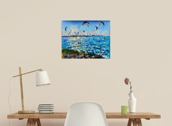 Kitesurfing - Сatch before sunset, 47*37cm, impressionistic oil impasto landscape painting