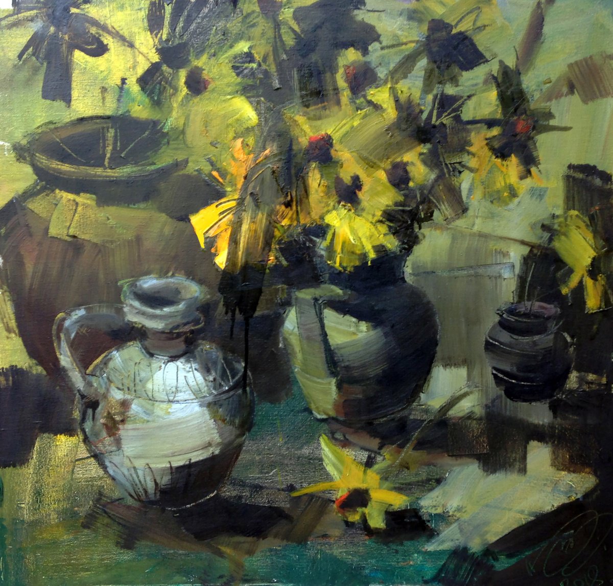 Impressionistic Botanical Oil Painting By Igor Yuryev, 28 X 28, Still Life With Ceramics., Original Artwork