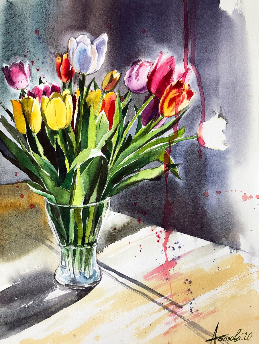 Impressionistic Botanical Watercolour By Ksenia Astakhova, 12 X 16", Tulips Contre-Jour, Original Artwork