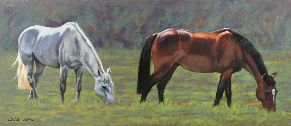Spring at Last - Grey and Bay horses grazing by Lorna Lancaster ASEA