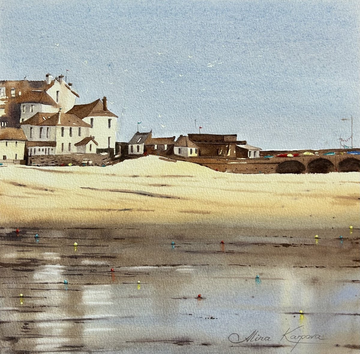 Photorealistic Landscape Watercolour By Alina Karpova, 10 X 10, Coastal Village, Original Artwork