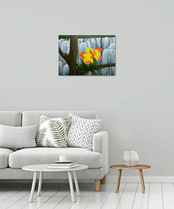 Voice In The Mist - yellow orchid floral painting; home, office decor; gift idea