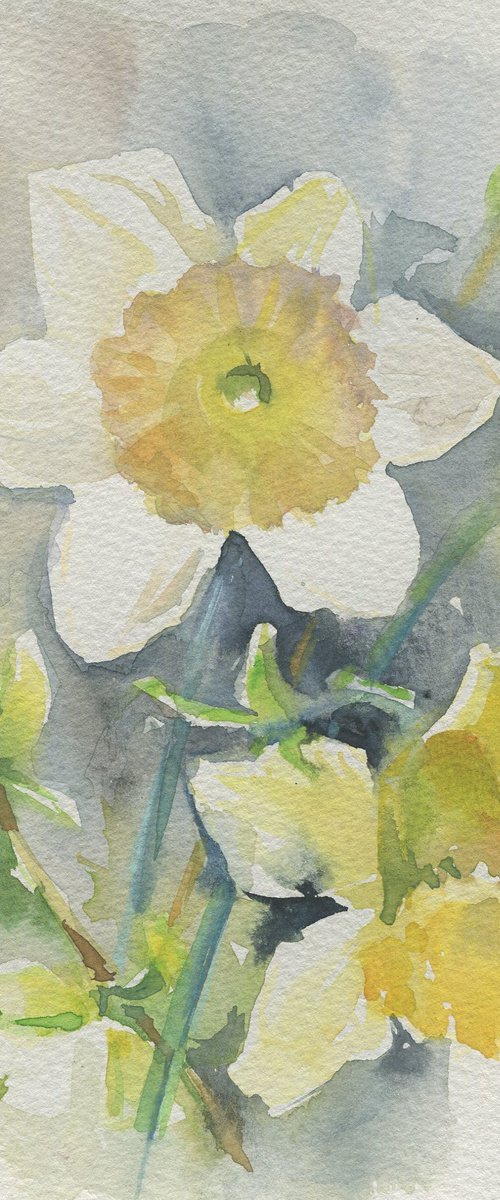 Willow Sunday. Spring flower sketch / ORIGINAL watercolor Daffodils and willow branches Small picture Gift art by Olha Malko