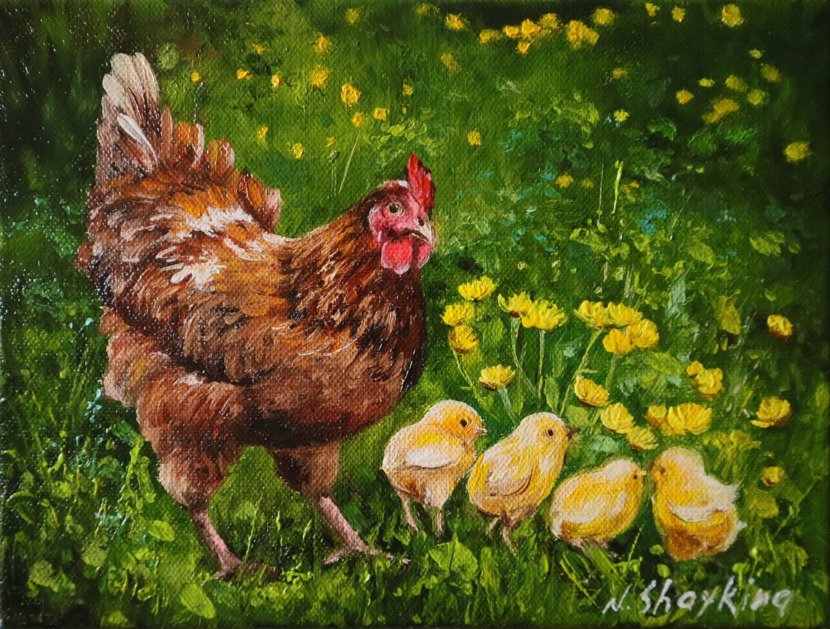 Impressionistic Landscape Oil Painting By Natalia Shaykina, 9 X 7", Baby Chicks, Original Artwork