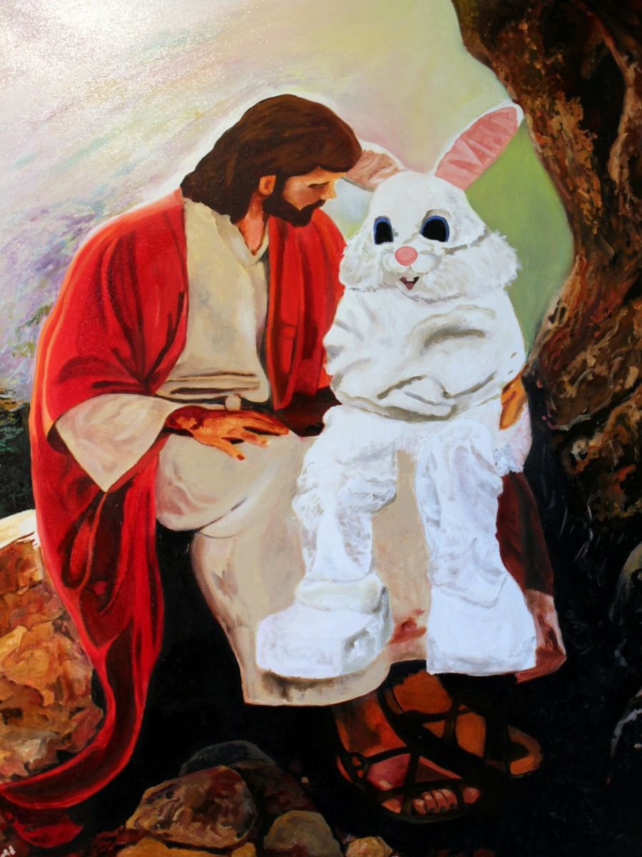 Impressionistic Portrait Oil Painting By Ken Vrana, 30 X 40", Jesus & The Easter Bunny Discuss The Relative Merits Of The Holidays, Artfinder