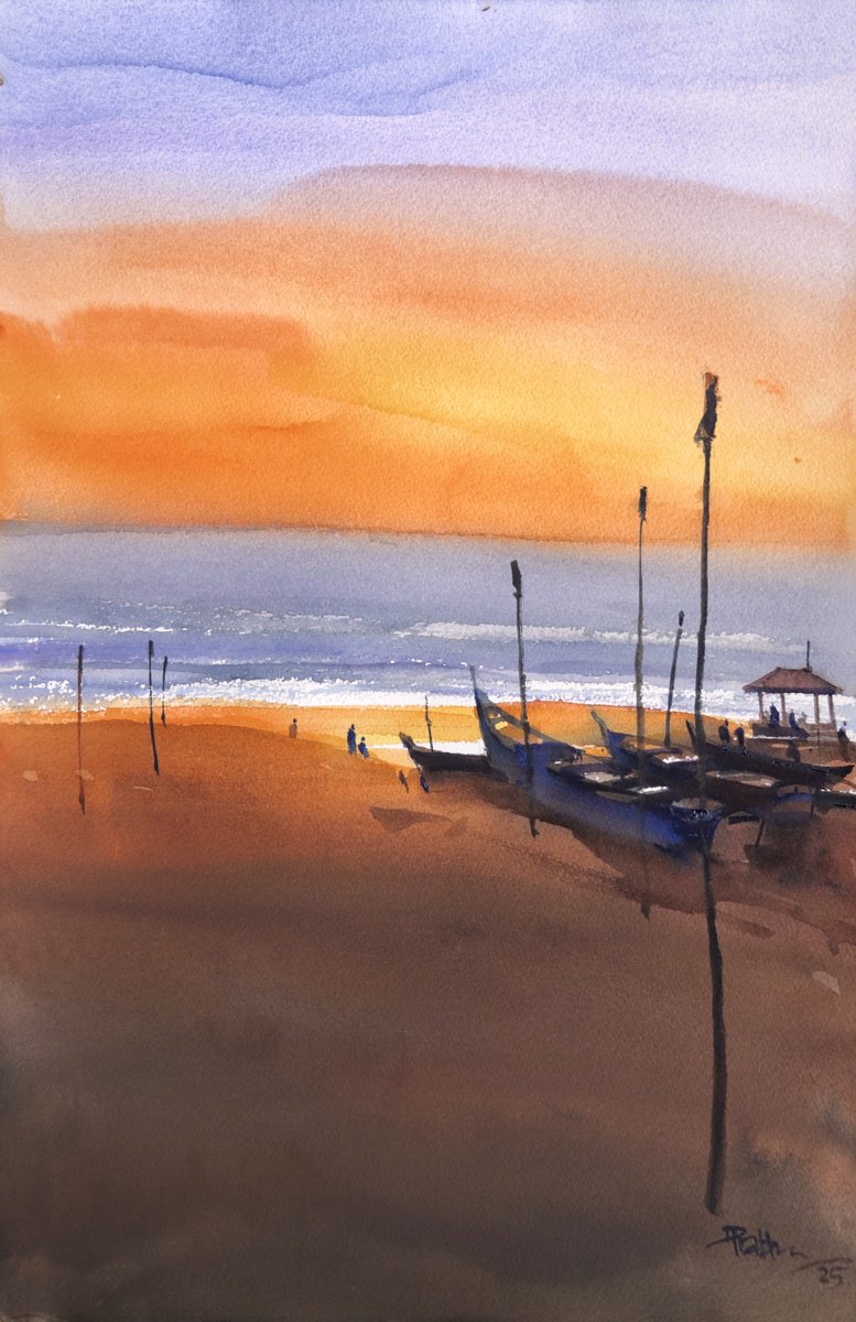 Impressionistic Landscape Watercolour By Prashant Prabhu, 15 X 22", Sunset Yellows At Kerala Beach, Original Artwork