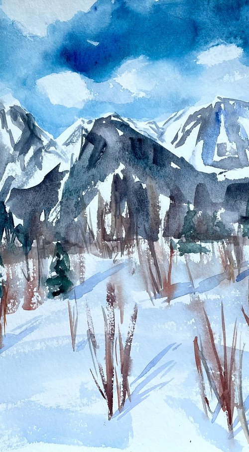 Mountain Original Watercolor Painting, Snowy Winter Landscape Artwork, Slovak Home Decor, Christmas Gift by Kate Grishakova