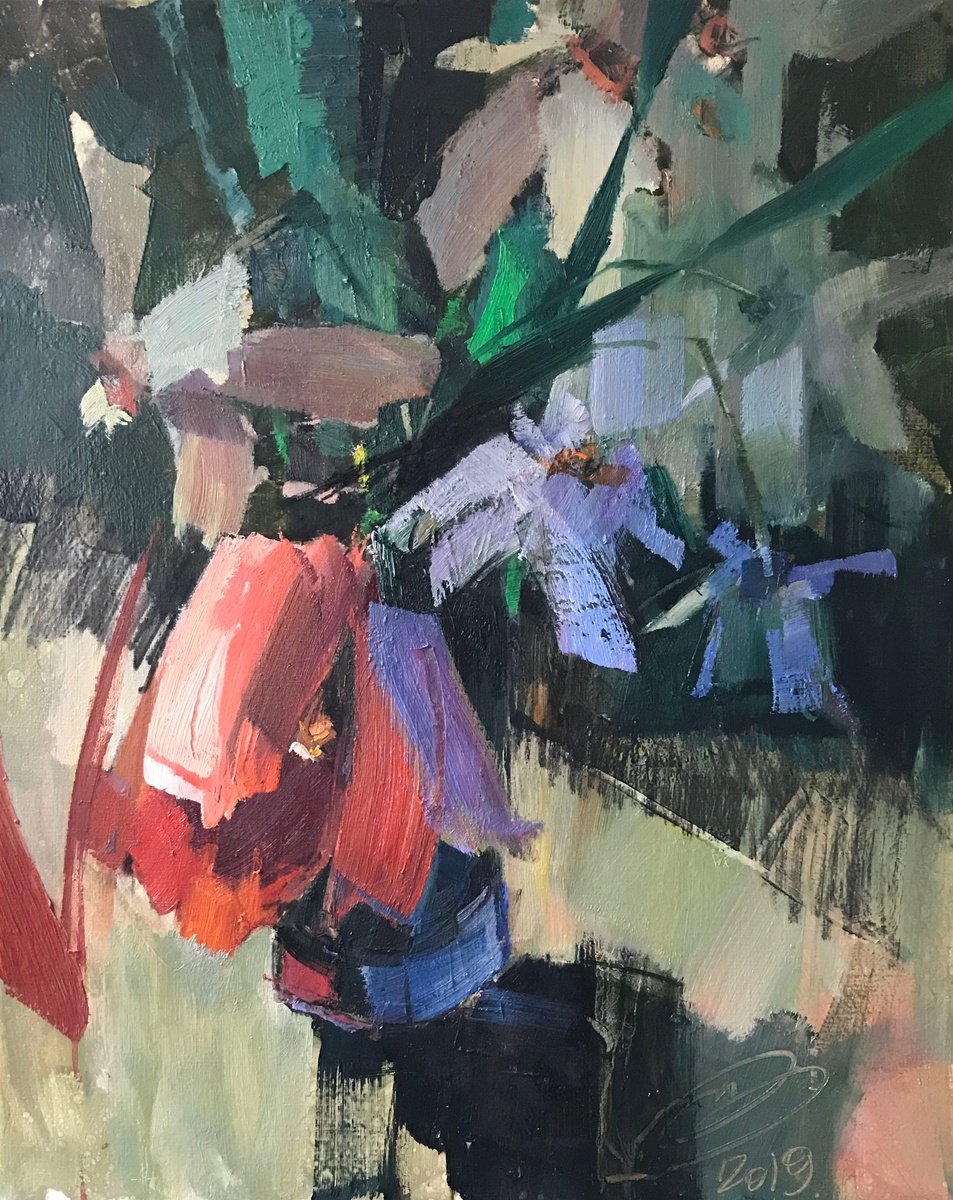 Impressionistic Botanical Oil Painting By Igor Yuryev, 22 X 28, Tulip And Daffodils., Original Artwork