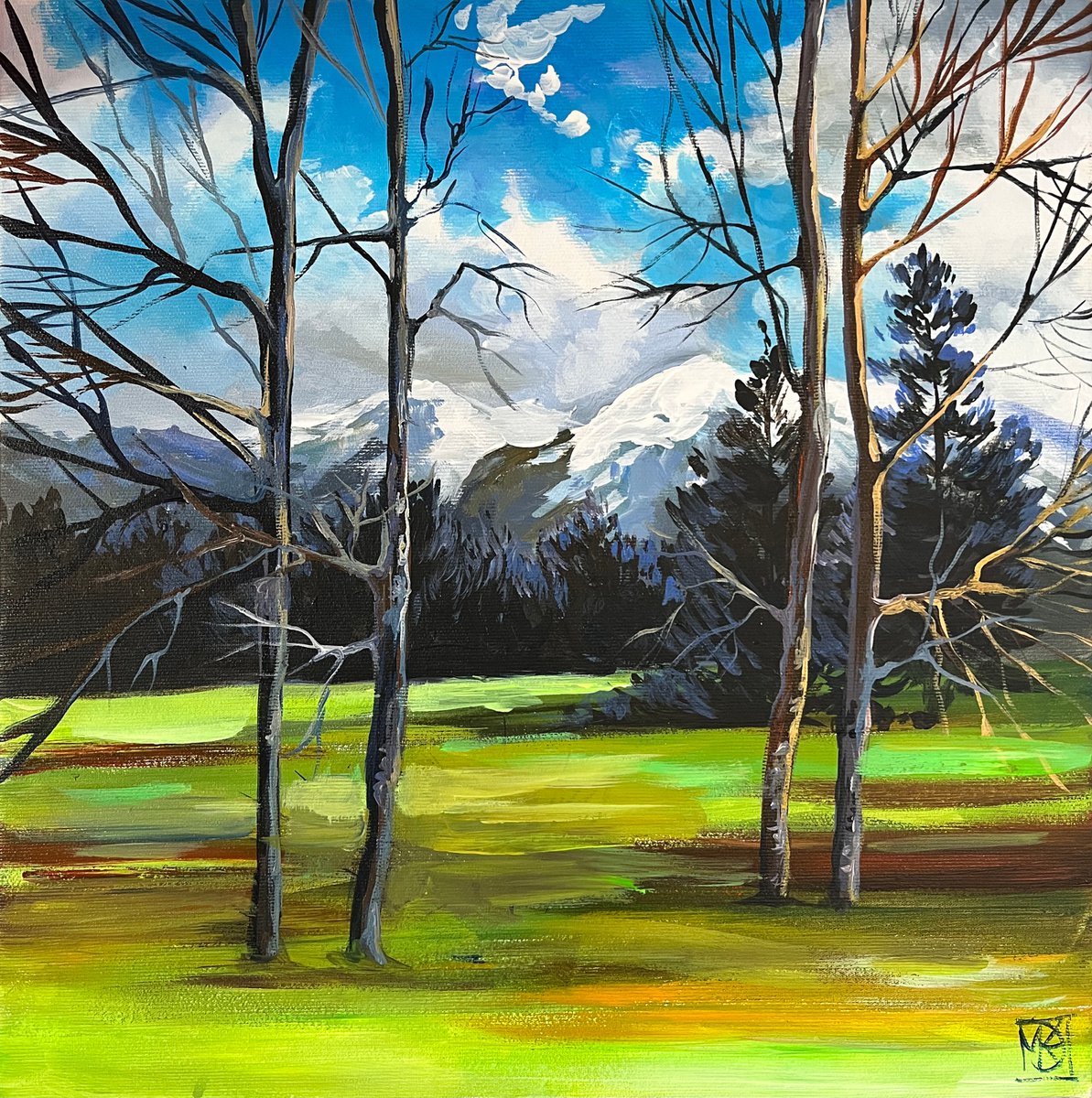 Impressionistic Landscape Acrylic Painting By Maria Kireev, 16 X 16", Bavarian Hills, Original Artwork