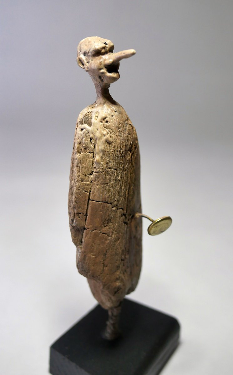 Expressive Portrait Wood Sculpture By Lionel Le Jeune, 2 X 7", Figure-Totem, Original Artwork