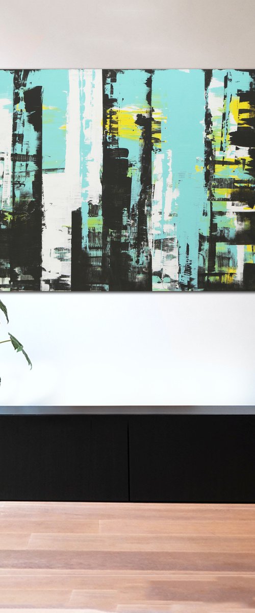 XL Abstract Painting - Static in Blue Landscape - 180x90 cm - Ronald Hunter - 3M by Ronald Hunter