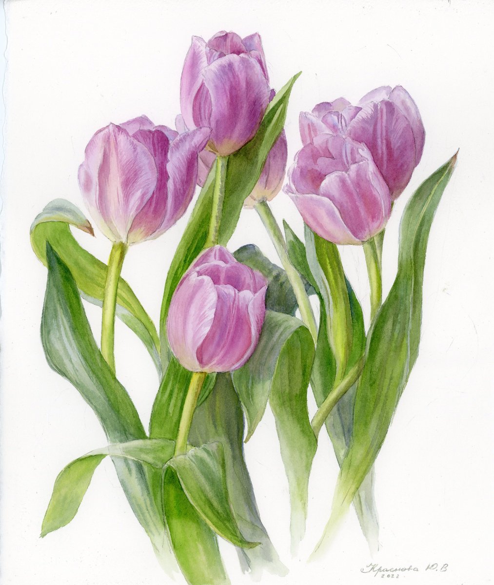 Photorealistic Botanical Watercolour By Yulia Krasnov, 11 X 13", Lilac Tulips, Original Artwork