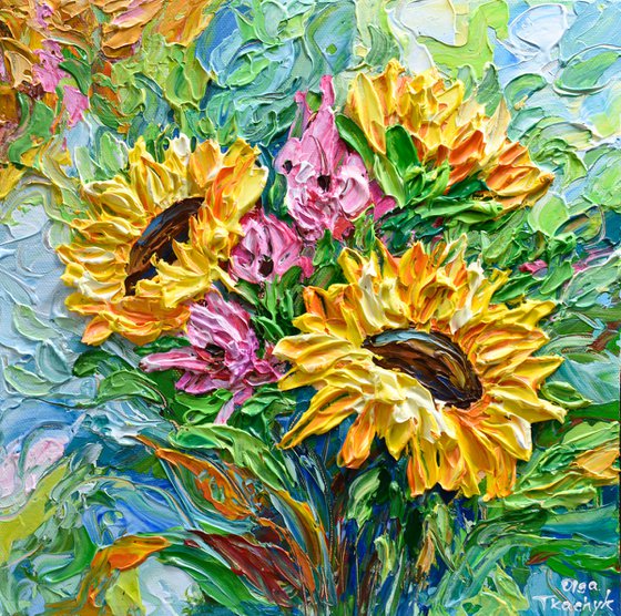 Sunflower Bouquet - Original Floral Painting on Canvas, Palette Knife Art, Textured Impasto Artwork