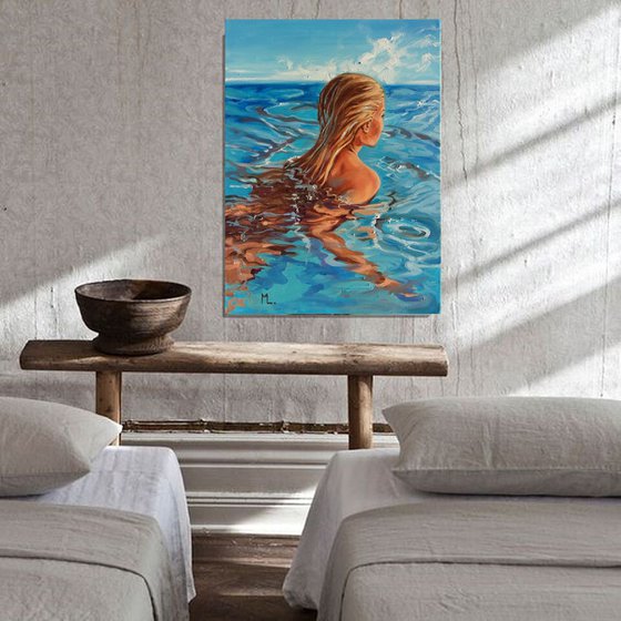 " JUST BLUE " 50 x 70 cm SWIMMING POOL original painting  PARADISE GIFT MODERN URBAN ART OFFICE ART DECOR HOME DECOR GIFT IDEA