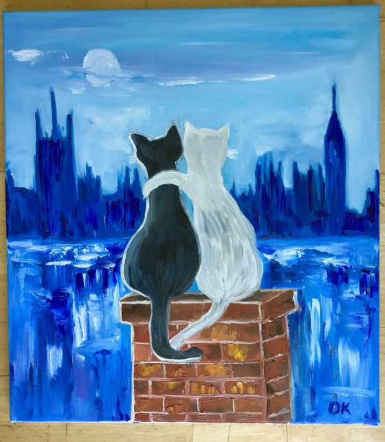 Cats in London. Mystic  night in foggy London, Parliament. Present idea