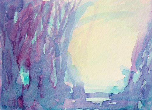 The forest - landscape with mauve and blue - Ready to frame. by Fabienne Monestier