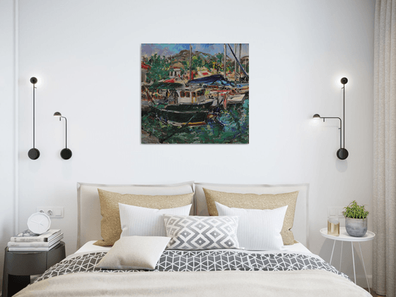 MARMARIS BOAT - marina landscape, original painting oil on canvas, boats, vacations holyday summer , seashore, water