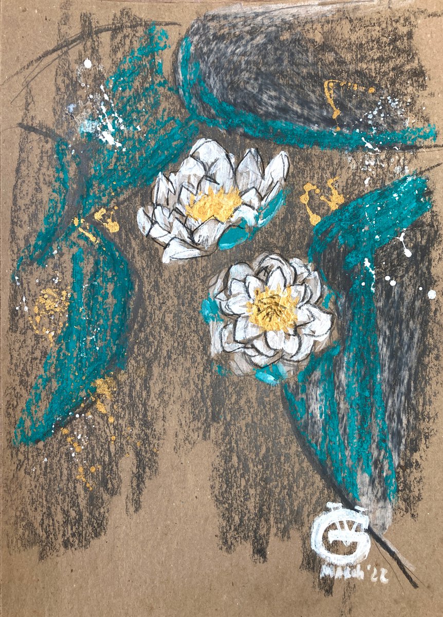 Impressionistic Botanical Drawing By Valeria Golovenkina, 8 X 12", Water Lilies In Teal, Original Artwork