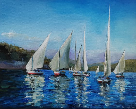 Felucca Boat on Nile River original oil painting nautical wall decor