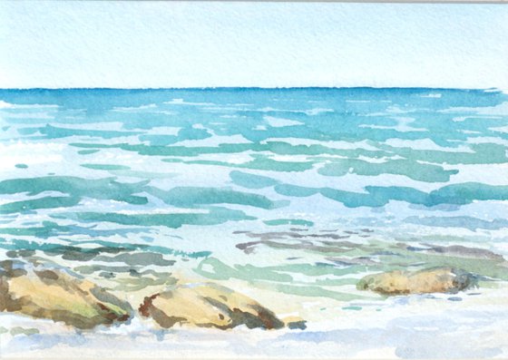 Walking on the blue beach. Original watercolor painting, handmade.
