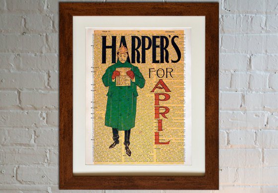 Harpers for April - Collage Art Print on Large Real English Dictionary Vintage Book Page