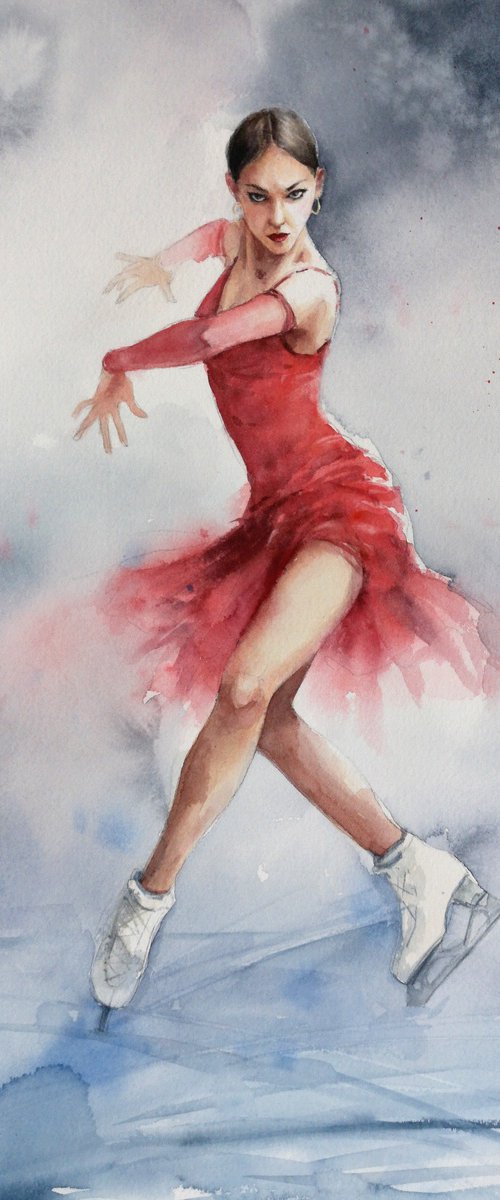 Fire on Ice — Figure Skater in Red by Olga Beliaeva Watercolour