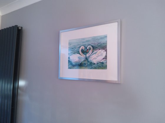 Swan painting, Swans in love, Original watercolour painting, Heart shape,