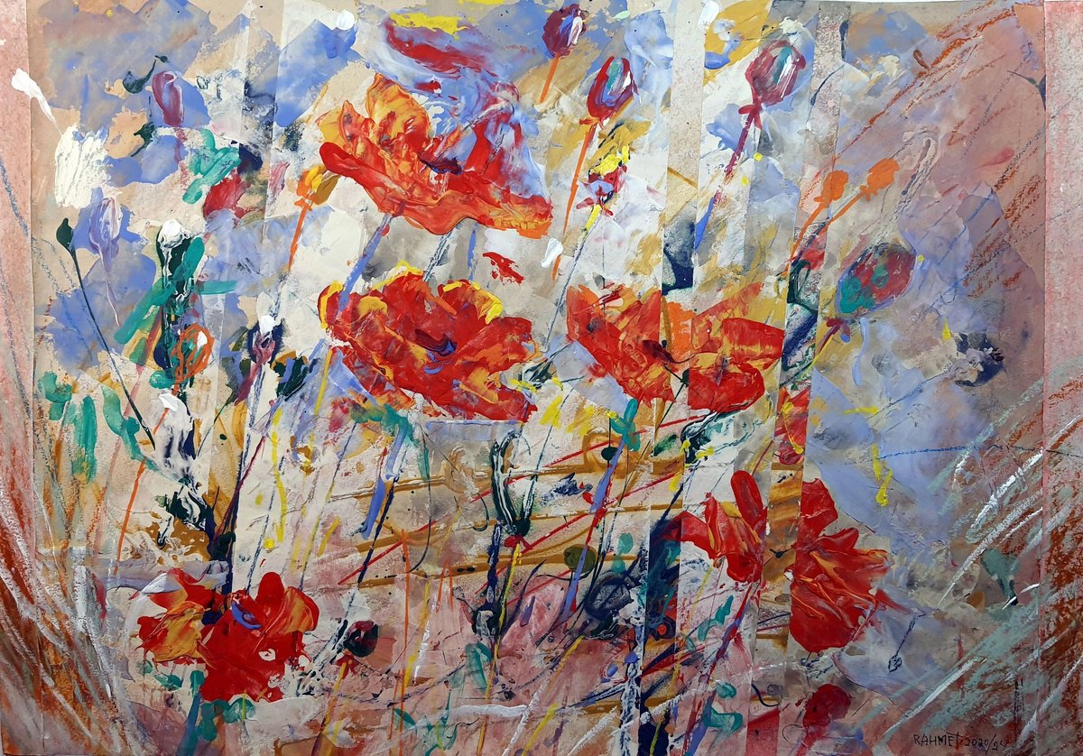 Impressionistic Botanical Acrylic Painting By Rakhmet Redzhepov, 23 X 17", Fantasy With Flowers 175, Original Artwork