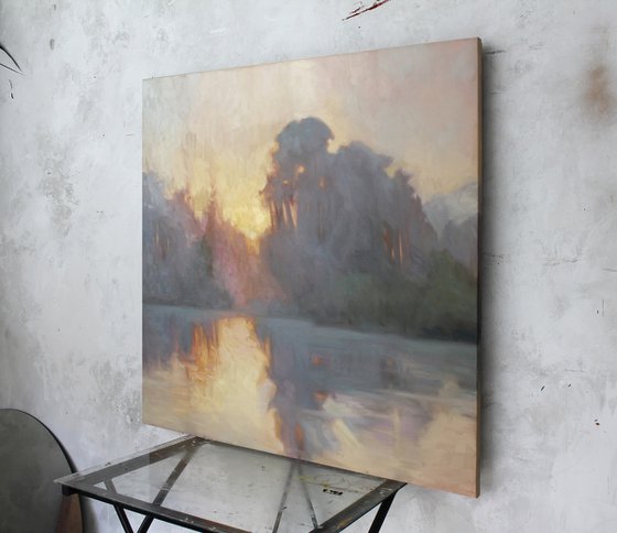 "Evening fog" River gray orange oil landscape