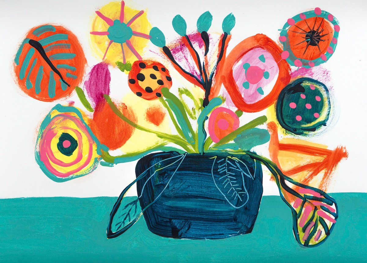 Expressive Botanical Acrylic Painting By Suzie Cumming, 23 X 17", Flowers On Turquoise Table, Original Artwork