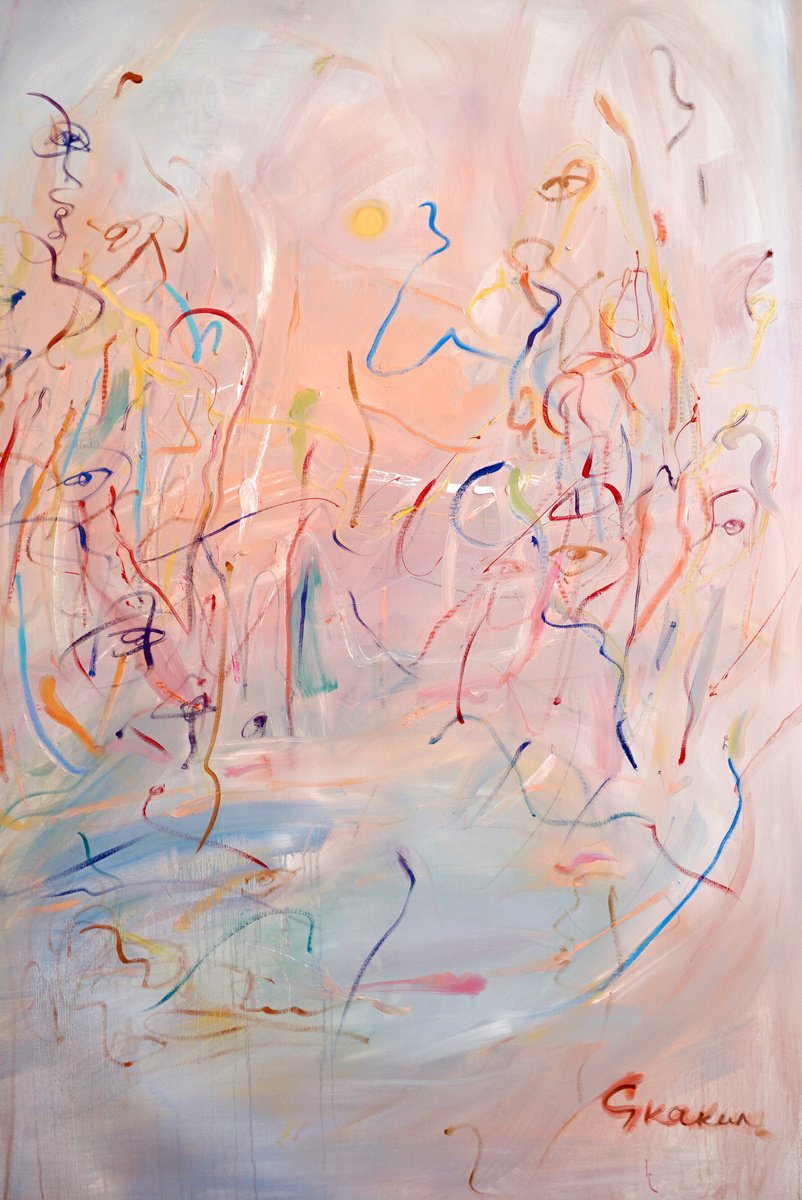 Expressive Landscape Oil Painting By Mari Skakun, 39 X 63", Energy Dance At Sunset, Original Artwork