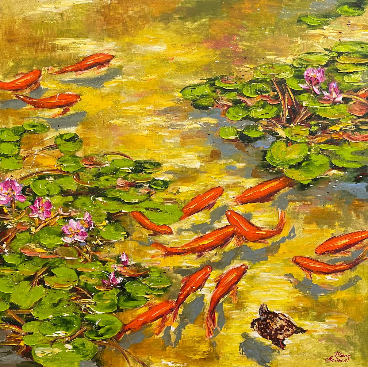 Impressionistic Landscape Oil Painting By Diana Malivani, 31 X 31, Koi Fish Pond..., Original Artwork