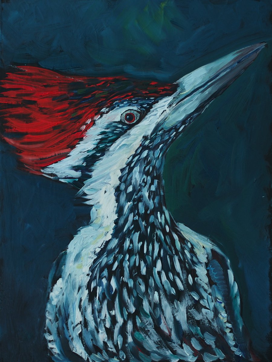 Impressionistic Animal Oil Painting By Alfia Koral, 12 X 16, Buddy Woodpecker, Original Artwork