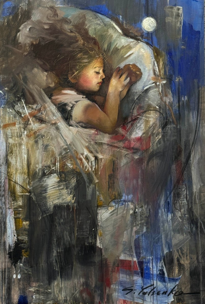 Expressive Portrait Painting By Sergei Yatsenko, 36 X 52", Baby Sleep, Original Artwork