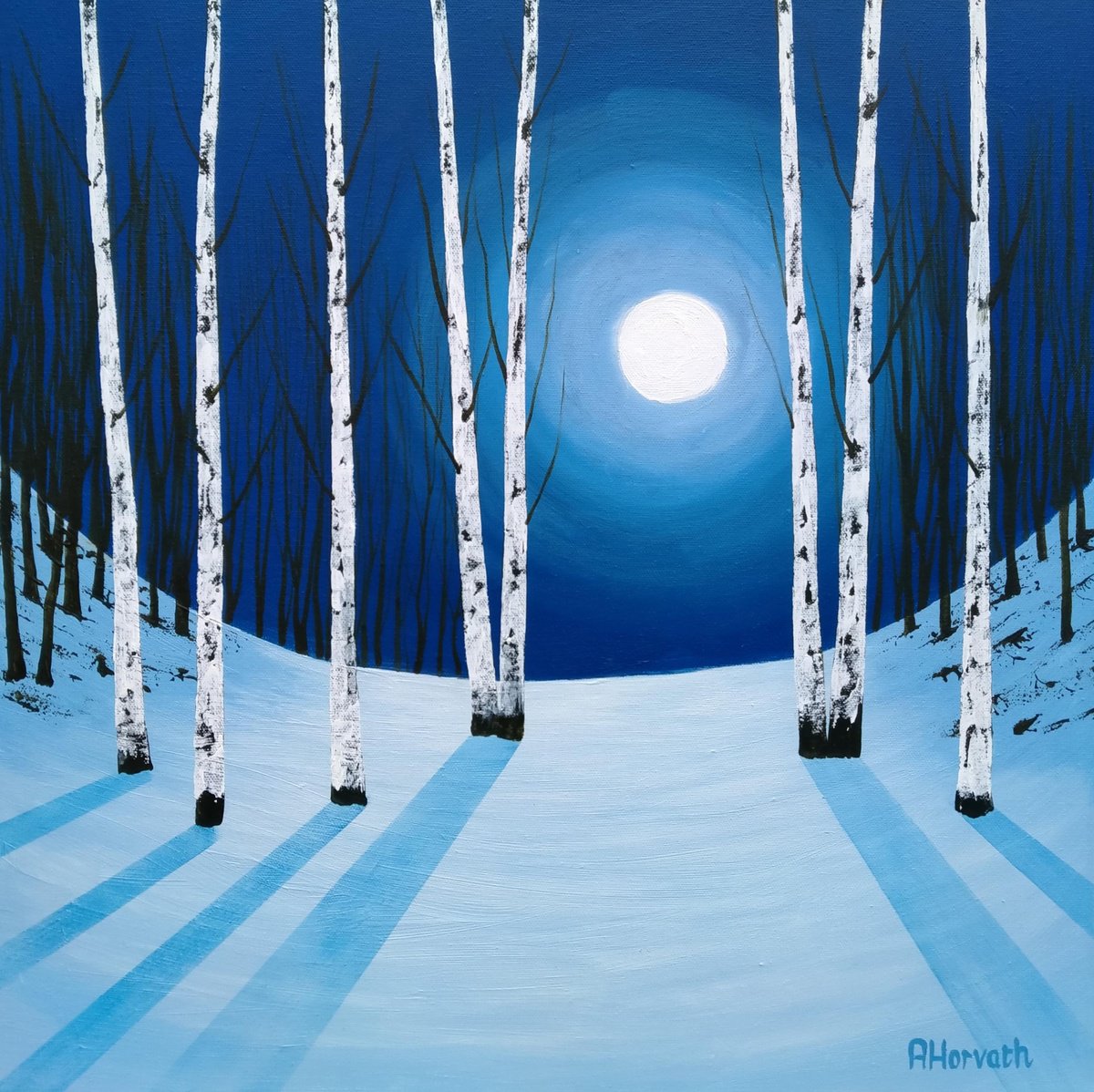 Naive Landscape Acrylic Painting By Amanda Horvath, 20 X 20, Moonlight Snow Forest, Original Artwork