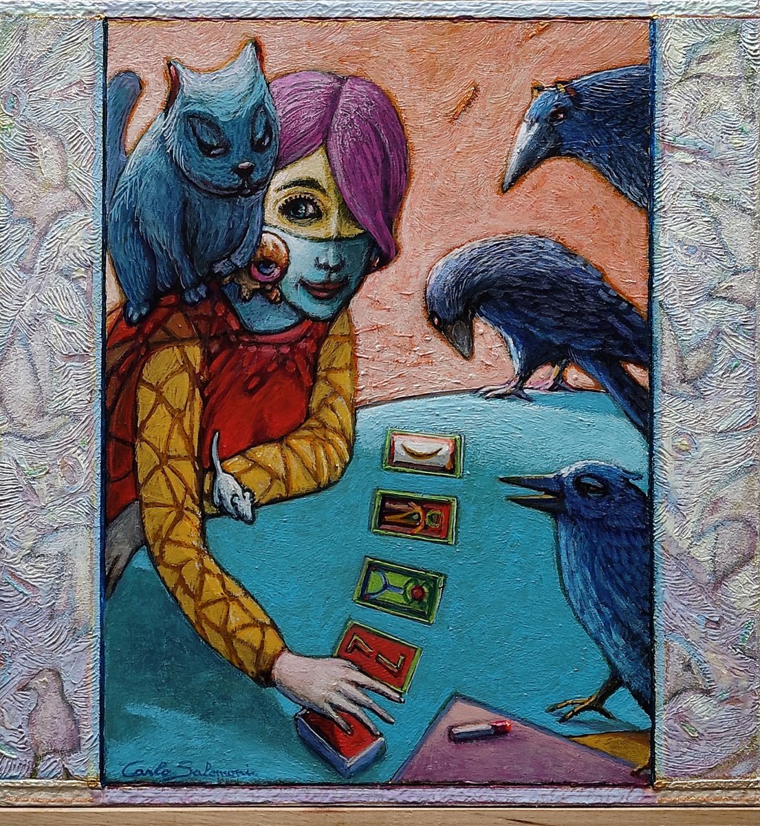 Surrealistic Portrait Painting By Carlo Salomoni, 14 X 15, The Forecast, Original Artwork