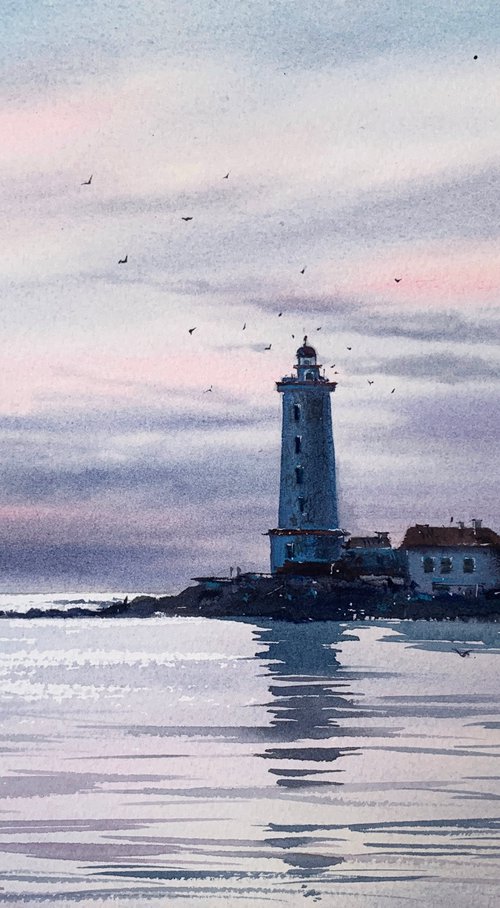 Sunset on the sea, Lighthouse,#3 by Eugenia Gorbacheva