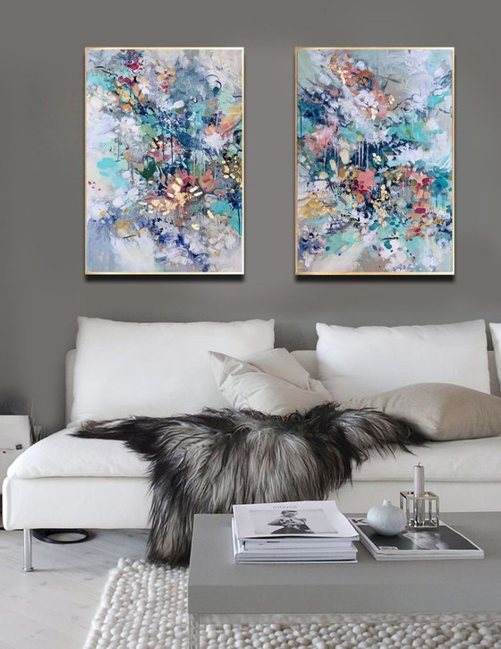 Flowers painting 48" x 36" Abstract Flower Art, Set of Two Paintings, Multi Panel Abstract, ORIGINAL Painting, Gold Leaf Painting, Black and Gold, Large Art