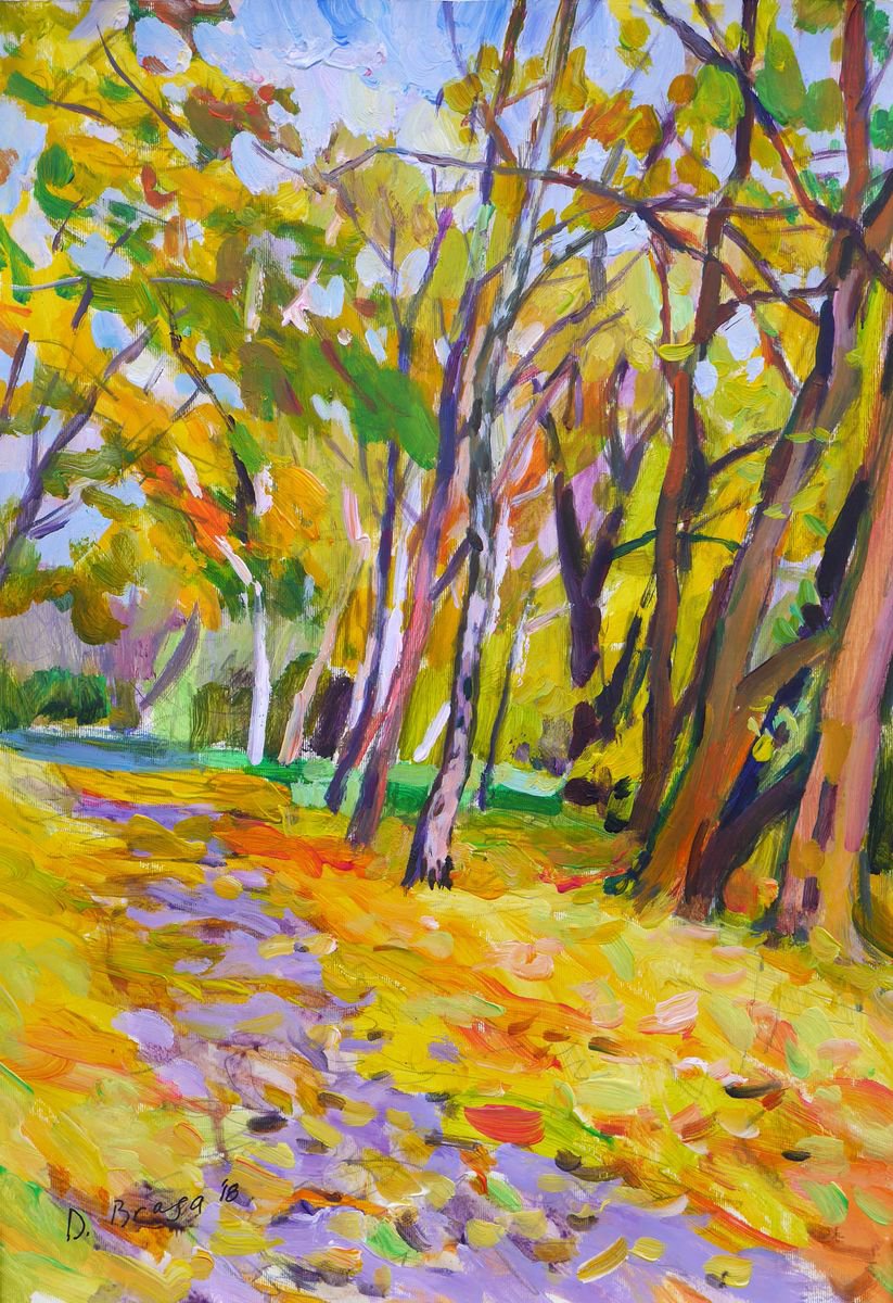Impressionistic Landscape Acrylic Painting By Dima Braga, 14 X 20, Plein Air 21-10-2018 (Autumn Park), Original Artwork