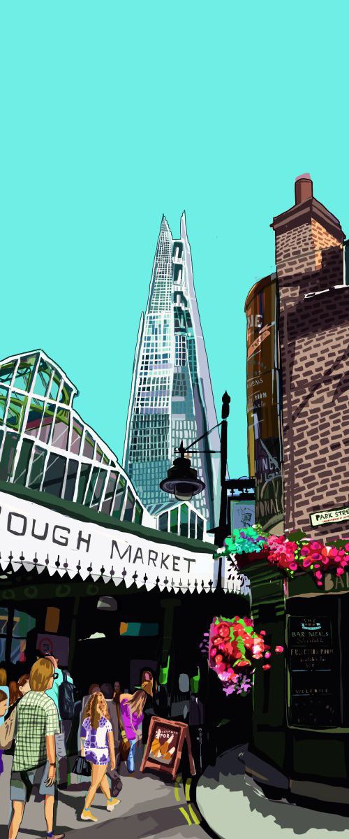 A3 Borough Market (Blue), London Illustration Print by Tomartacus