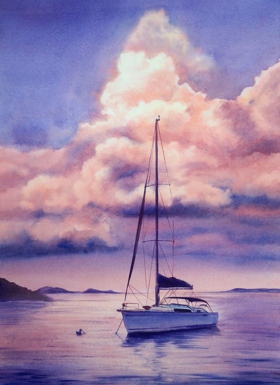 Pink clouds - Sailboat - Yacht Art  - seascape - sea and sky - yacht -  sunset