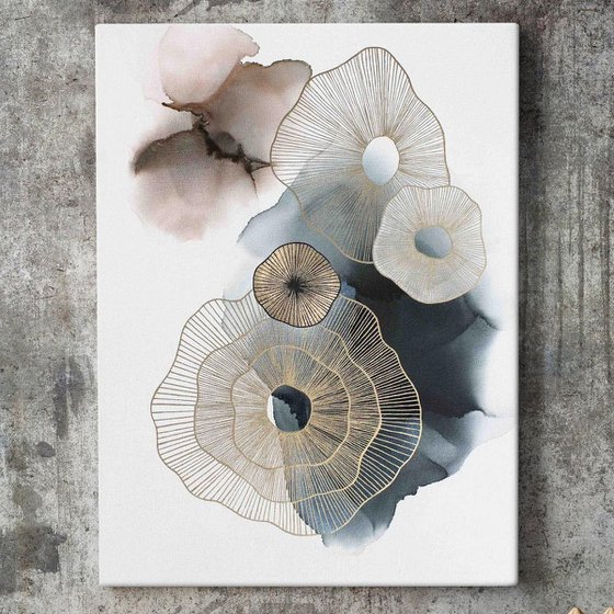 "Golden Molecules" Abstract navy gold art