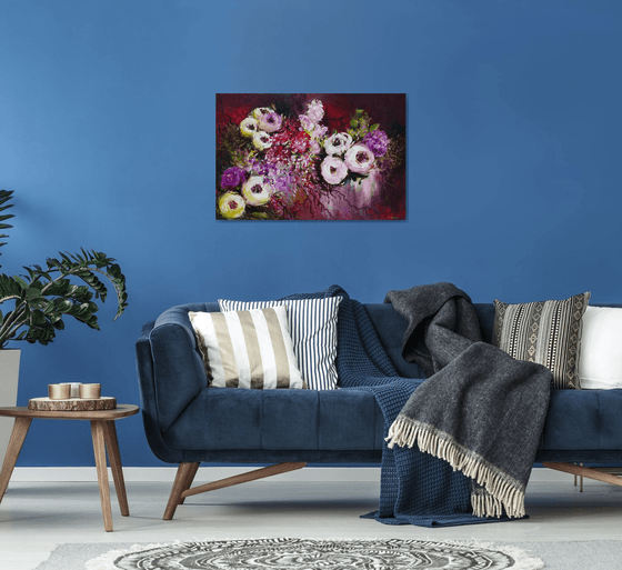 Pink Roses White Hydrangeas Abstract Floral Landscape Painting. Red Purple Flowers Art. Modern Impressionistic Art